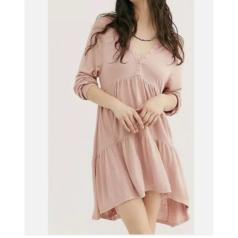 Free People Best Girl‎ Tunic Tiered baby doll Ruffles Keyhole Back Dress XS Pink